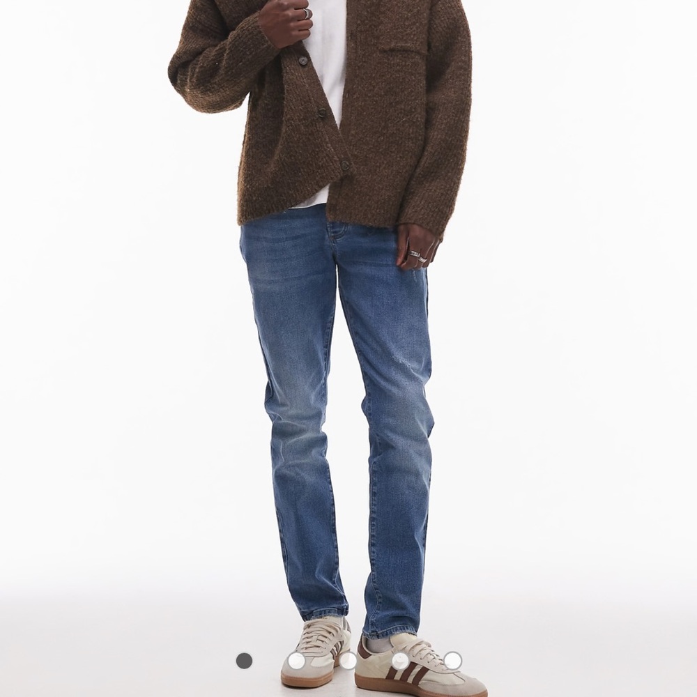 Topshop Men's Faded Distressed Ripped Slim Skinny Blue Button Up Jeans